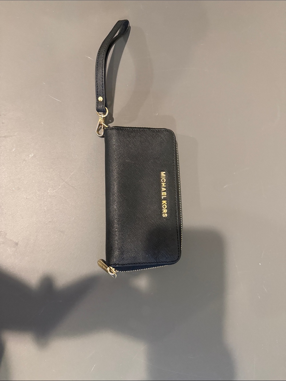 Michael Kors Black Saffiano Zip Wristlet Wallet with Gold Hardware
